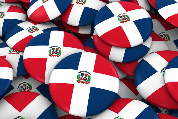 Insignias de República Dominicana Antecedentes - Pila de botones de bandera dominicana Ilustración 3D —  Fotos de Stock