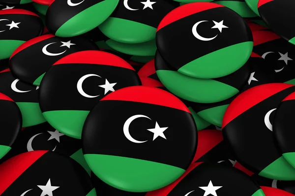 Libië Badges achtergrond - stapel van Libische vlag knoppen 3d illustratie — Stockfoto