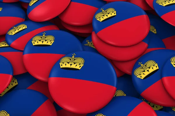 Fundo de emblemas de Liechtenstein - Pilha de botões de bandeira de Liechtenstein ilustração 3D — Fotografia de Stock