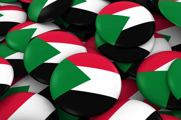 Fundo de emblemas do Sudão - Pilha de botões de bandeira sudanesa ilustração 3D — Fotografia de Stock