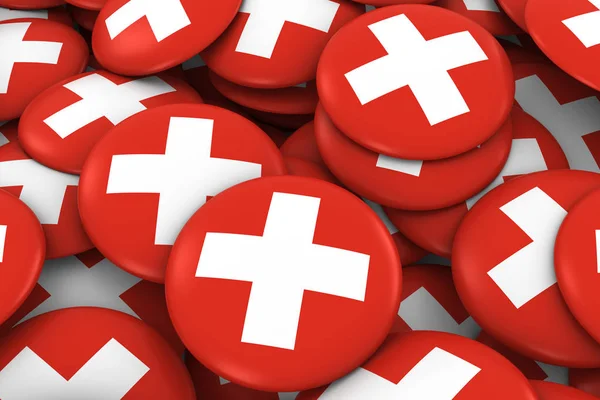 Switzerland Badges Background - Pile of Swiss Flag Buttons 3D Illustration — Stock Photo, Image