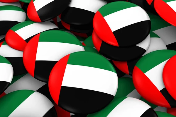Fundo de emblemas dos Emirados Árabes Unidos - Pilha de botões de bandeira Emirati Ilustração 3D — Fotografia de Stock