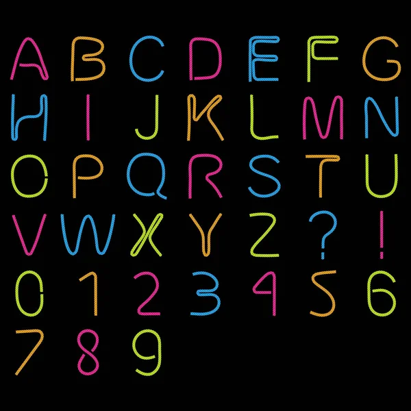 Neon Colored String Letras y números Conjunto de alfabetos Ilustración 3D — Foto de Stock