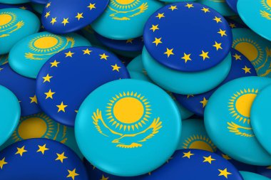 Kazakistan ve Europe rozetleri arka plan - kazak ve Avrupa bayrağı düğmeleri 3d çizim yığını