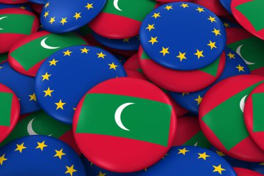 Maldivler ve Europe rozetleri arka plan - Maldivlere ve Avrupa bayrağı yığını düğmeleri 3d çizim