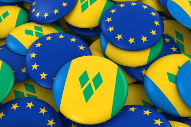 Saint Vincent ve Grenadinler ve Europe rozetleri arka plan - Vincentian ve Avrupa bayrağı düğmeleri 3d çizim yığını