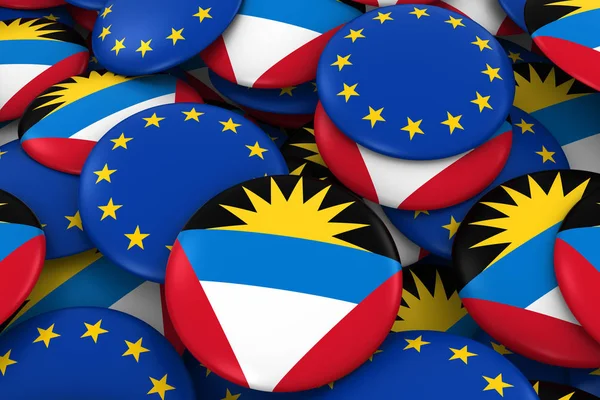 Antigua and Barbuda and Europe Badges Background - Pile of Antiguan or Barbudan and European Flag Buttons 3D Illustration — Stock Photo, Image