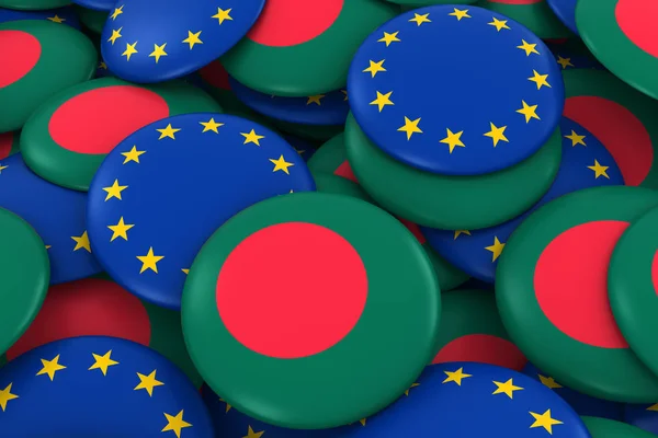 Bangladesh and Europe Badges Background - Pile of Bangladeshi and European Flag Buttons 3D Illustration — Stock Photo, Image