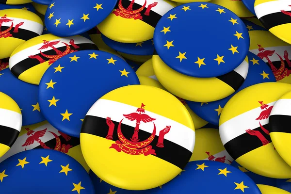 Brunei and Europe Badges Background - Pile of Bruneian and European Flag Buttons 3D Illustration — Stock Photo, Image