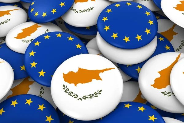 Fundo de emblemas de Chipre e da Europa - Pilha de cipriotas e botões de bandeira europeia ilustração 3D — Fotografia de Stock