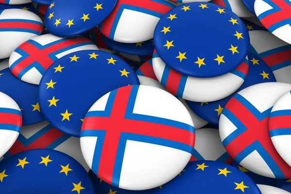 Faerské ostrovy a Evropa odznaky pozadí - hromadu Faerských ostrovů a Evropské vlajky tlačítka 3d ilustrace — Stock fotografie