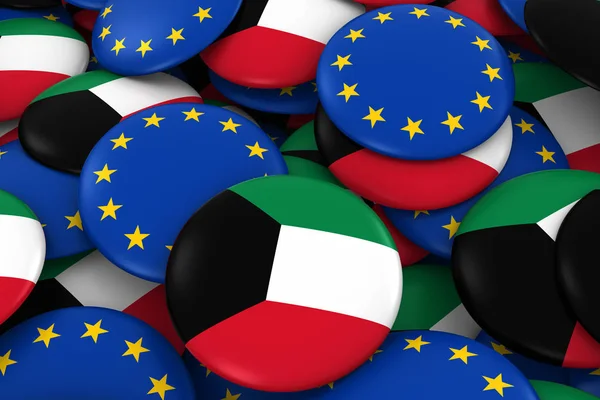 クウェートとヨーロッパ バッジ背景 - クウェート、そしてヨーロッパの旗の山ボタン 3 d イラストレーション — ストック写真