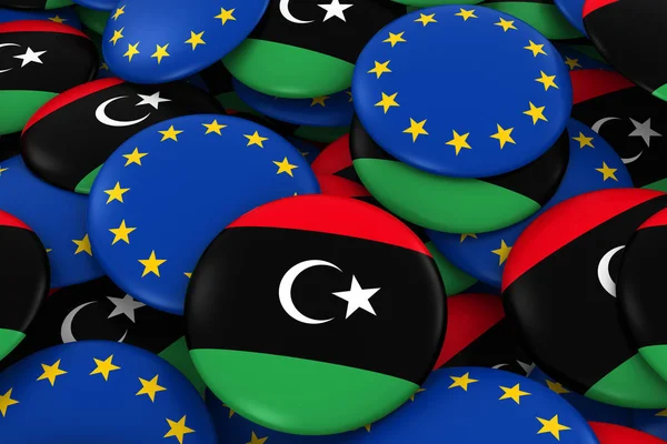 Libysche und europäische Abzeichen Hintergrund - Haufen libyscher und europäischer Flaggenknöpfe 3d illustration — Stockfoto