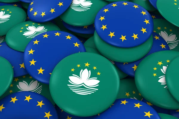 Macau ve Europe rozetleri arka plan - Macanese ve Avrupa bayrağı düğmeleri 3d çizim yığını