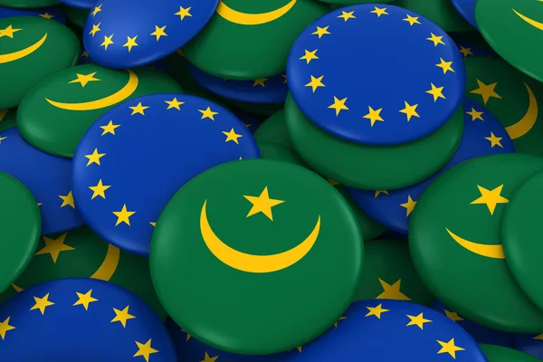 Moritanya ve Europe rozetleri arka plan - Moritanya ve Avrupa bayrağı yığını düğmeleri 3d çizim