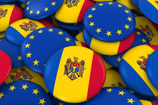 Fundo de emblemas da Moldávia e da Europa - Pilha de botões de bandeira da Moldávia e da Europa ilustração 3D — Fotografia de Stock