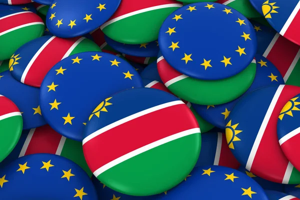 Namibië en Europa Badges achtergrond - stapel van Namibische en Europese vlag knoppen 3d illustratie — Stockfoto