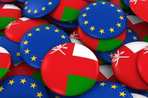 オマーンとヨーロッパ バッジ背景 - オマーンとヨーロッパの旗の山ボタン 3 d イラストレーション — ストック写真