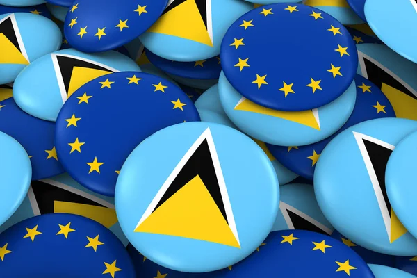 Santa Lucía y Europa Insignias Antecedentes - Pila de Santa Lucía y Botones de Bandera Europea Ilustración 3D — Foto de Stock