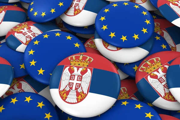 Serbia and Europe Badges Background - Pile of Serbian and European Flag Buttons 3D Illustration — Stock Photo, Image