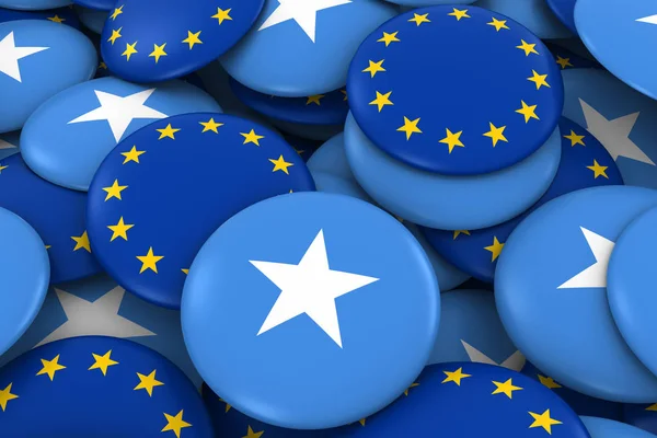 Somalia y Europa Insignias Antecedentes - Montón de botones de bandera somalí y europea Ilustración 3D — Foto de Stock