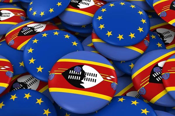 Swaziland and Europe Badges Background - Pile of Swazi and European Flag Buttons 3D Illustration — Stock Photo, Image