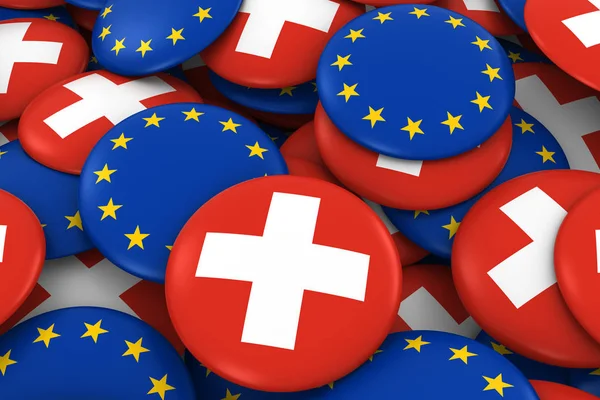 İsviçre ve Europe rozetleri arka plan - İsviçre ve Avrupa bayrağı yığını düğmeleri 3d çizim