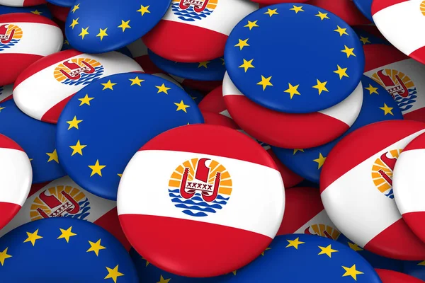 Tahiti and Europe Badges Background - Pile of Tahiti and European Flag Buttons 3D Illustration