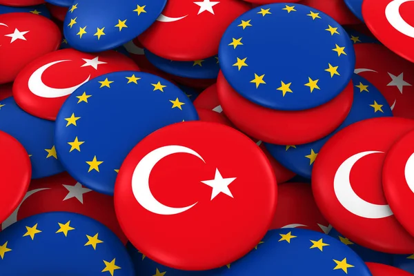 Fundo de emblemas da Turquia e da Europa - Pilha de botões de bandeira turca e europeia ilustração 3D — Fotografia de Stock