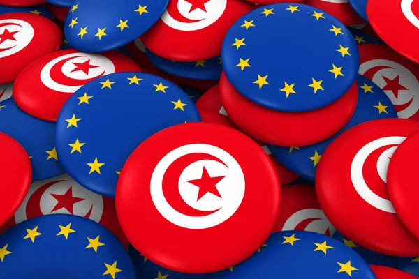 Fundo de emblemas da Tunísia e da Europa - Pilha de botões de bandeira da Tunísia e da Europa ilustração 3D — Fotografia de Stock