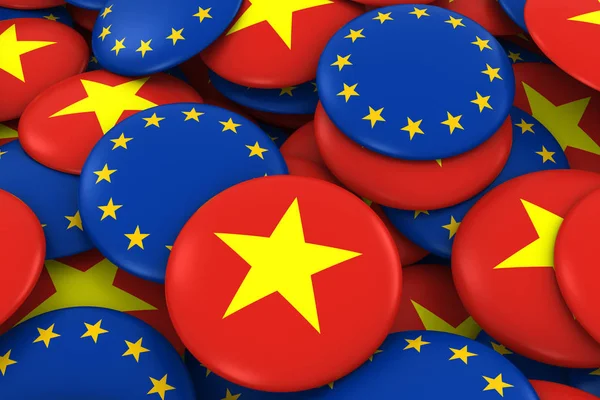 Vietnam ed Europa Distintivi sfondo - Mucchio di vietnamiti ed europei Bandiera Pulsanti 3D Illustrazione — Foto Stock