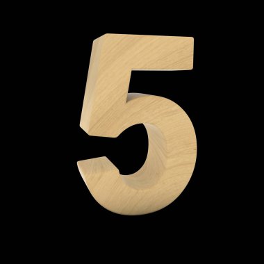Wooden Number Five Isolated on Black 3D Illustration clipart