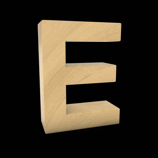 Houten Letter E geïsoleerd op zwarte 3d illustratie — Stockfoto