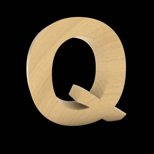 Holzbuchstabe q isoliert auf schwarzer 3D-Abbildung — Stockfoto