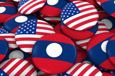 ABD ve Laos rozetleri arka plan - Amerikan ve Laos bayrağı yığını düğmeleri 3d çizim