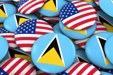 ABD ve Saint Lucia Badges arka plan - yığın Amerikan ve Saint Lucian bayrak 3d çizim düğmeleri