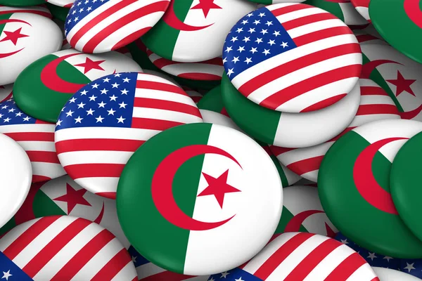 USA and Algeria Badges Background - Pile of American and Algerian Flag Buttons 3D Illustration