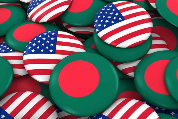 USA a Bangladéš odznaky pozadí - hromadu amerických a Bangladéšská vlajka tlačítka 3d ilustrace — Stock fotografie