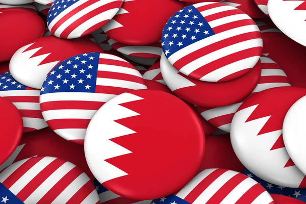 USA and Bahrain Badges Background - Pile of American and Bahraini Flag Buttons 3D Illustration
