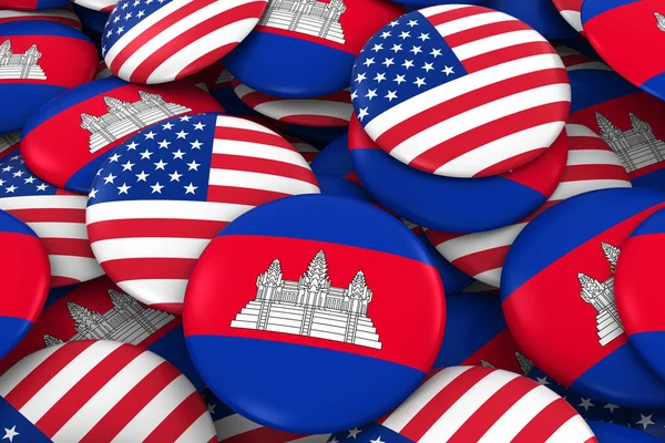 3d obrázek tlačítka pro USA a Kambodža odznaky pozadí - hromadu amerických a Kambodžská vlajka — Stock fotografie