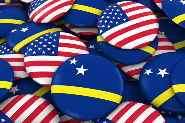 USA a Curacao odznaky pozadí - hromadu amerických a vlaječky států Curacaoan 3d ilustrace — Stock fotografie