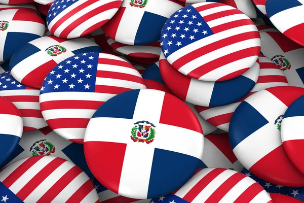 USA and Dominican Republic Badges Background - Pile of American and Dominican Flag Buttons 3D Illustration