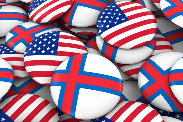 USA a Faerské ostrovy odznaky pozadí - hromadu amerických a tlačítka Vlajka Faerských ostrovů 3d ilustrace — Stock fotografie