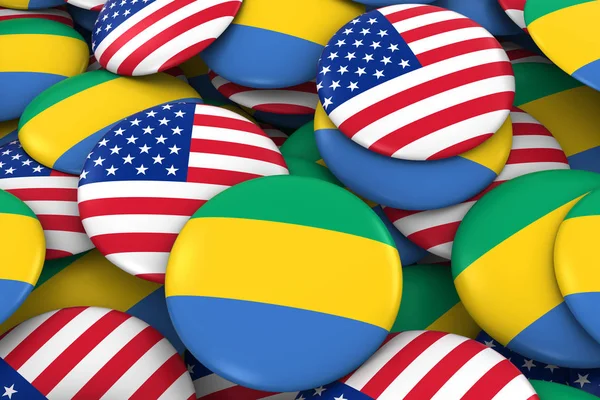 3d obrázek tlačítka pro USA a Gabon odznaky pozadí - hromadu amerických a Gabonu vlajky — Stock fotografie