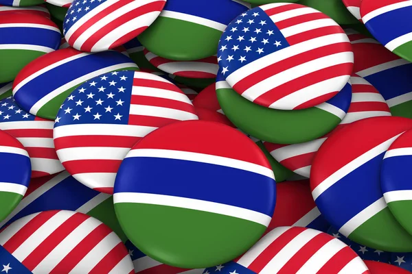 EUA e Gâmbia Insígnias fundo - Pilha de botões de bandeira americana e gambiana ilustração 3D — Fotografia de Stock