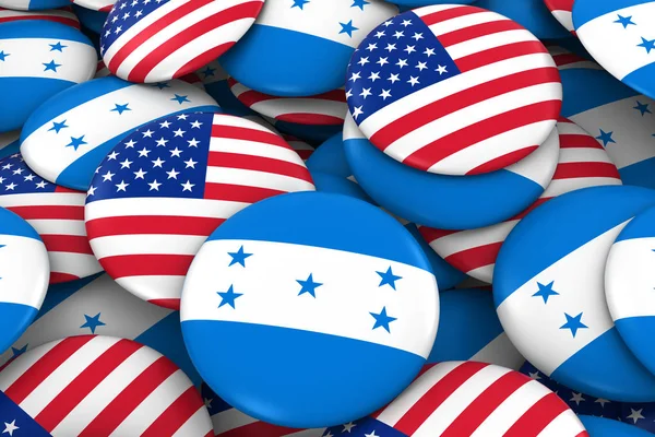 3d obrázek tlačítka pro USA a Honduras odznaky pozadí - hromadu amerických a Honduraský vlajky — Stock fotografie