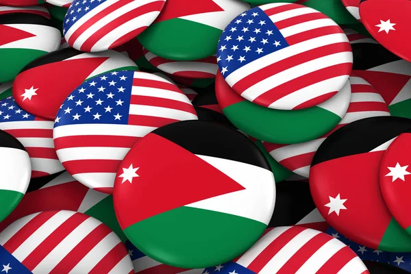 Fundo de emblemas dos EUA e Jordânia - Pilha de botões de bandeira americana e jordaniana ilustração 3D — Fotografia de Stock