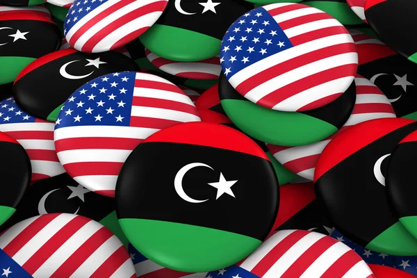 USA and Libya Badges Background - Pile of American and Libyan Flag Buttons 3D Illustration