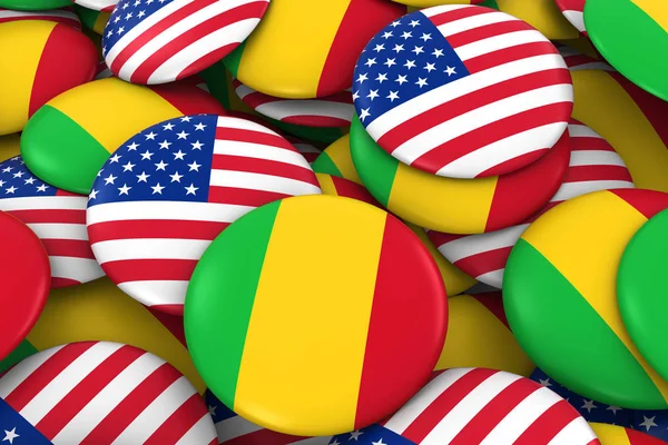 3d obrázek tlačítka pro USA a Mali odznaky pozadí - hromadu amerických a Mali vlajky — Stock fotografie