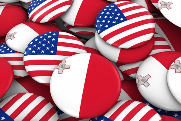 Fundo de emblemas dos EUA e de Malta - Pilha de botões de bandeira americana e maltesa ilustração 3D — Fotografia de Stock